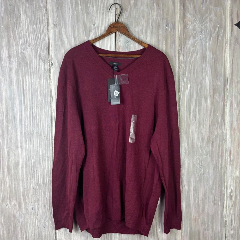 Alfani Mens XL V Neck Merino Wool‎ Blend Sweater Burgundy Red Minimalist NWT